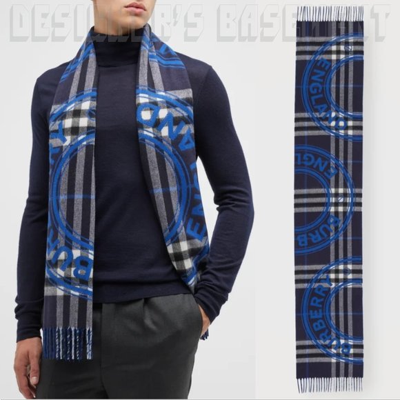 BURBERRY gray ROUNDEL GIANT CHECK reversible to blue LOGO Cashmere 12x66" Scarf - Picture 1 of 7